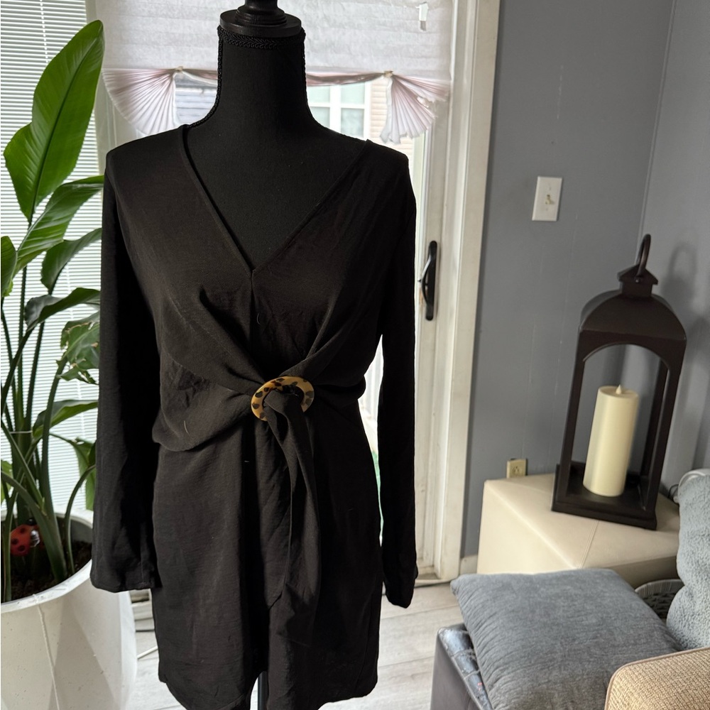 Black Long Sleeve Wrap dress with Tortoise Ring